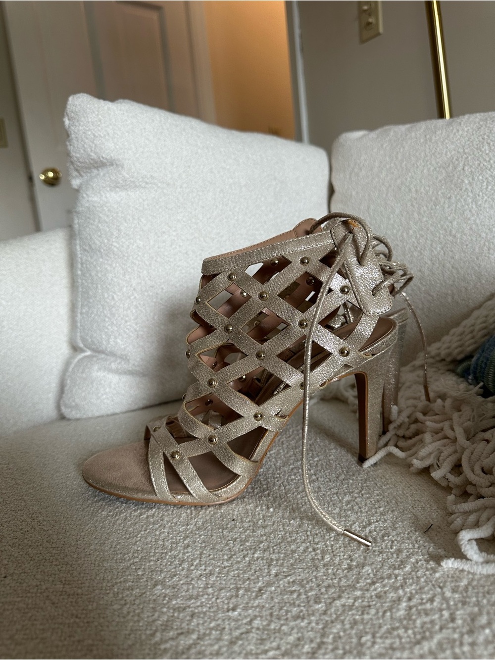 Audrey Brooke Metallic Gold Lattice Lace-Up Heels
